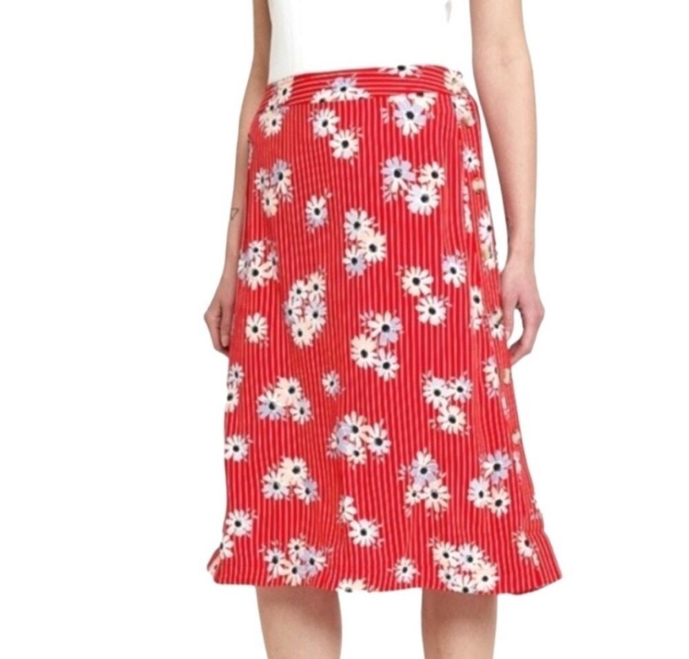 Madewell Retro Stripe Side Button Floral Midi Skirt Size 8